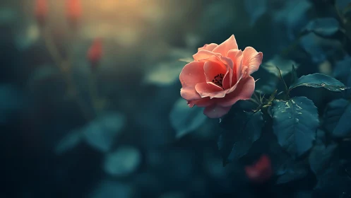 A Coral Rose Glowing in Moody Garden Shadows.