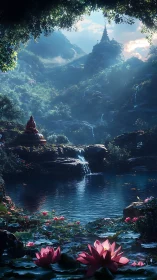 Mountain valley pond with lotus flowers and seated figure.
