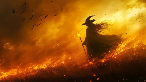 Witch silhouette commanding a blazing inferno at dusk.
