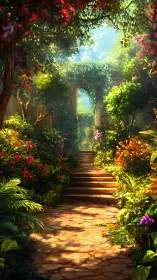 Sunlit stone steps wander into a secret garden cathedral