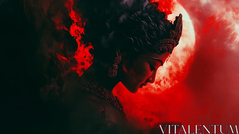 Divine red goddess profile against burning lunar halo.