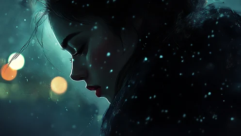 Quiet winter portrait of a woman lost in soft snowfall.