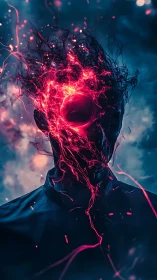 Mystical figure crowned in glowing crimson cosmic energy.