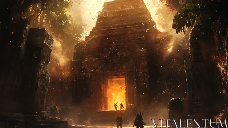 Adventurers approach blazing ancient jungle temple gate.