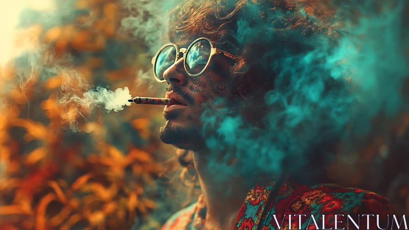 Person wearing round sunglasses blows smoke into dense teal haze