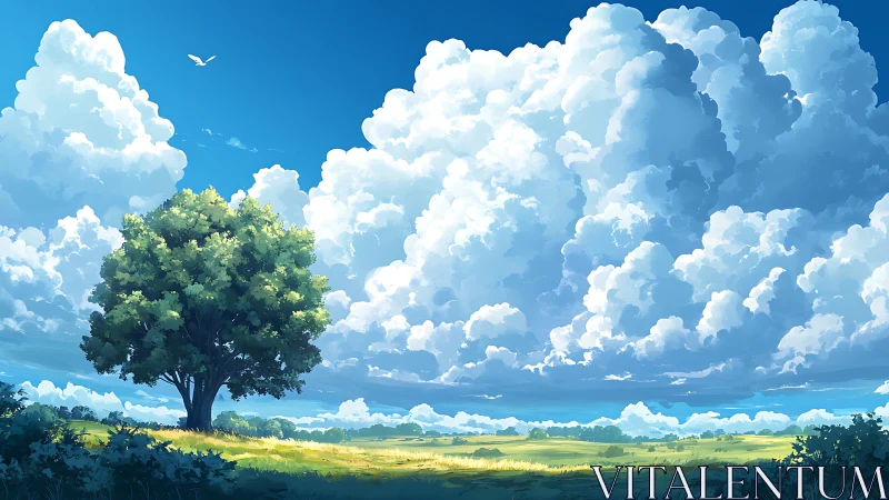 Solitary deciduous tree under towering cumulus summer sky