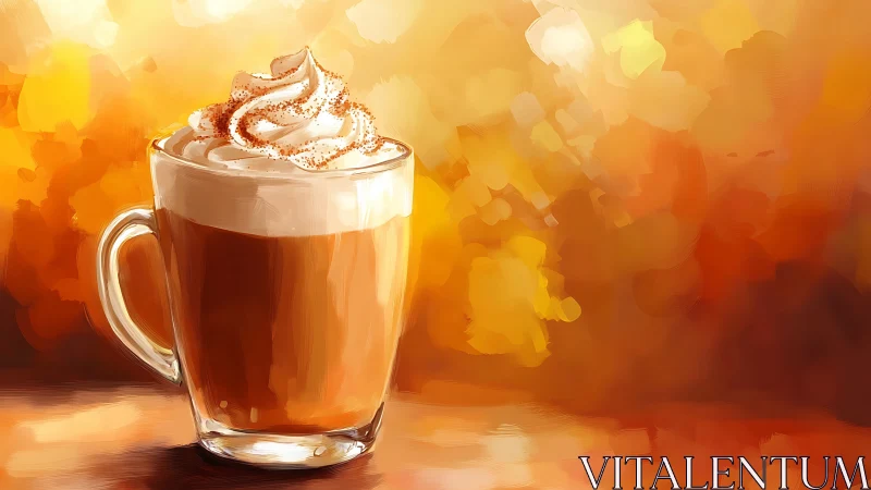 Whipped autumn latte glowing in honeyed brushstroke light.