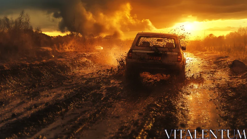 Off road vehicle crossing muddy track at sunset in backlight.