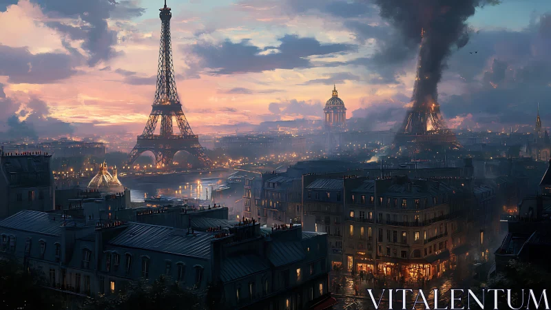 Evening Paris skyline glows as twin towers rise in drama