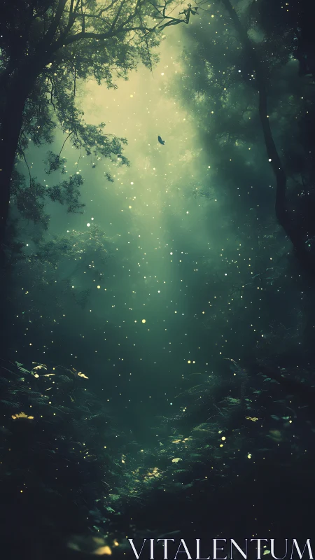 Forest environment with suspended luminescent particles and aerial bird silhouette.