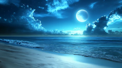 Moonlit shoreline glows gently under a calm night sky