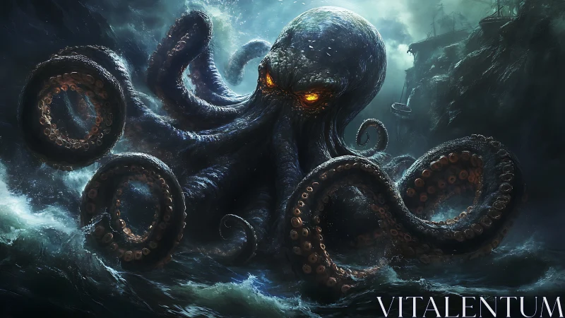 Stormlit kraken curls burning gaze around drowning ships