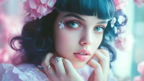 Soft-lit close portrait of blue-haired girl with floral adornments