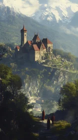 Medieval cliffside fortress with red roofs under alpine peaks