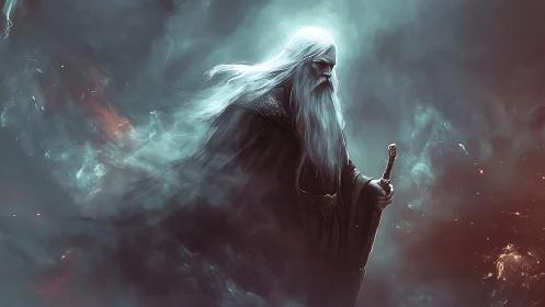 Elderly robed figure with staff in swirling misty void.