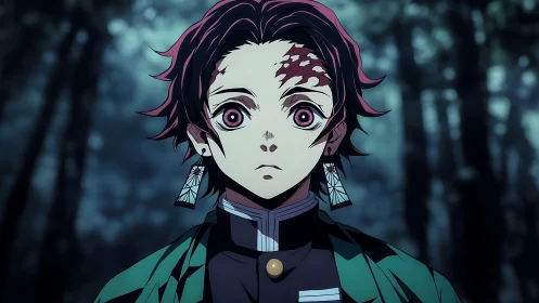 Anime swordsman portrait with scarred face in forest gloom