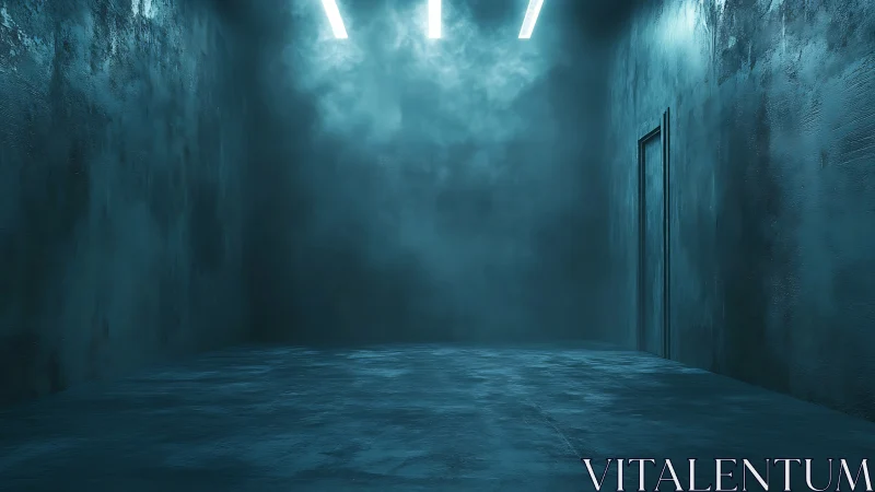 Empty concrete room with overhead lights and closed door.