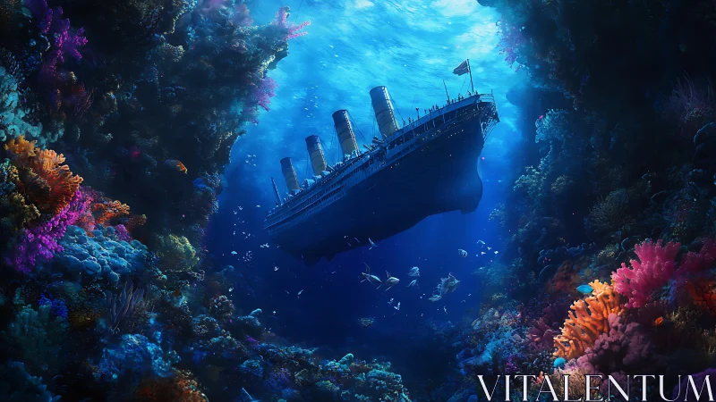 Sunken ocean liner drifts through a glowing coral canyon.