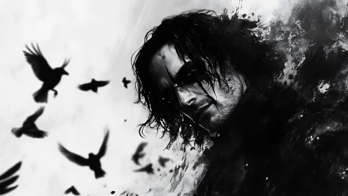 Monochrome raven‑shrouded antihero portrait with ink turbulence
