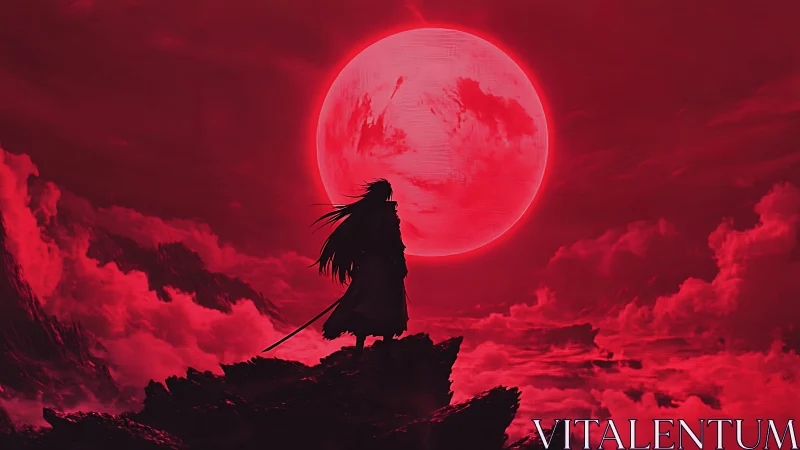 Lone blade watcher beneath a ferocious crimson moon sky.