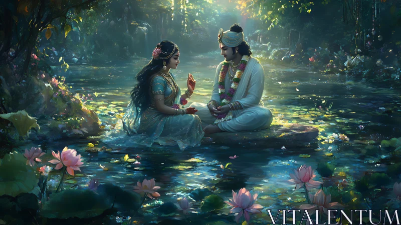 Divine couple rests on lotus pond rock under dappled forest light