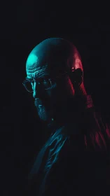 Moody bald portrait in cyan and magenta rim lighting.