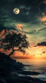 Lone coastal tree silhouetted against moonlit sunset horizon.