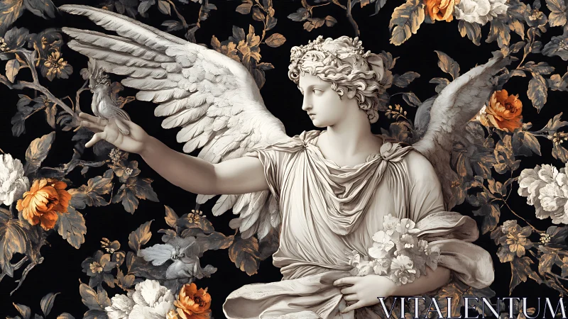 Neoclassical winged statue interacts with flora in baroque tableau