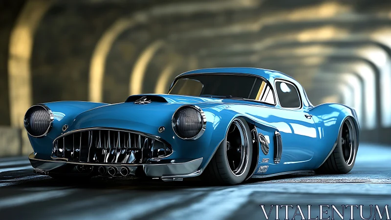 Sleek blue custom sports car glows under a cinematic tunnel light