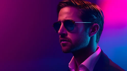 Neon-lit portrait captures cool man in reflective shades.