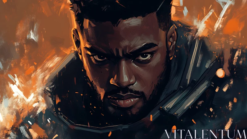 Intense digital portrait of focused man in fiery colors.