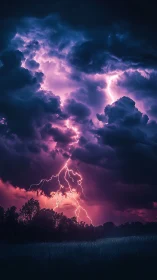 Vertical lightning storm over silhouetted treeline, photorealistic tone.