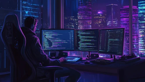 Night coder in neon-lit cyber city workstation panorama.