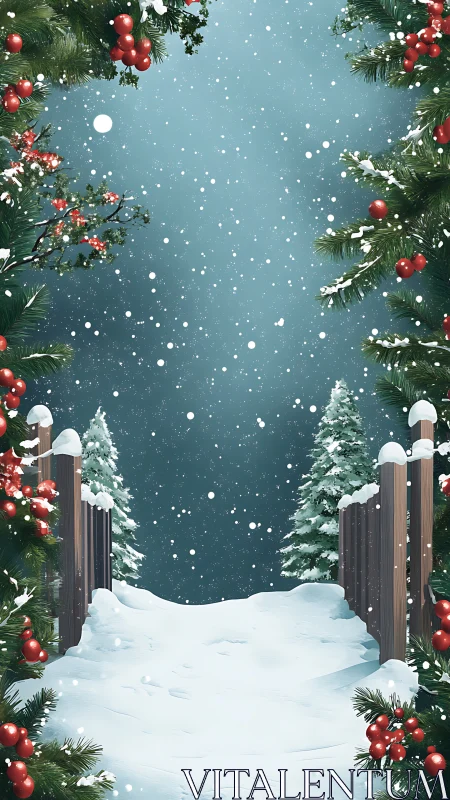 Digital painting of festive snowy path with evergreen framing.