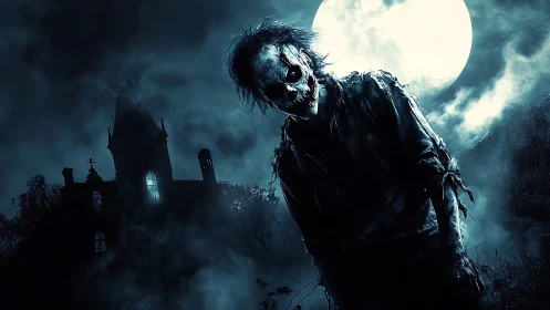 Decayed humanoid figure before moonlit derelict house.