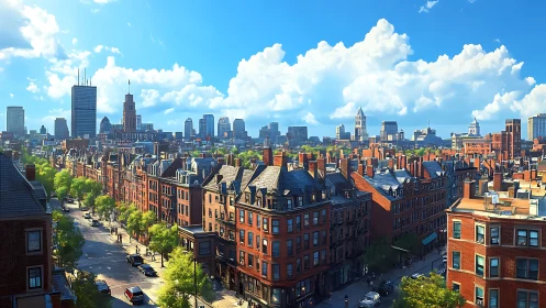 Urban streetscape with brick row houses and mixed skyline.