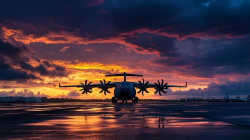 Military turboprop transport aircraft stands on wet runway at dusk