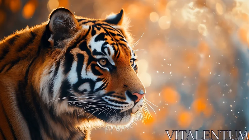 Tiger portrait glows under warm bokeh forest light.