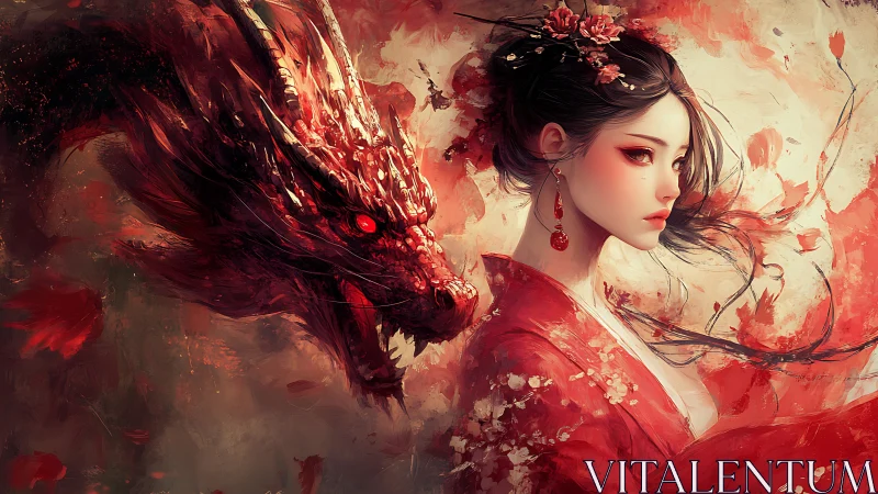Woman in red kimono with red dragon in abstract space.