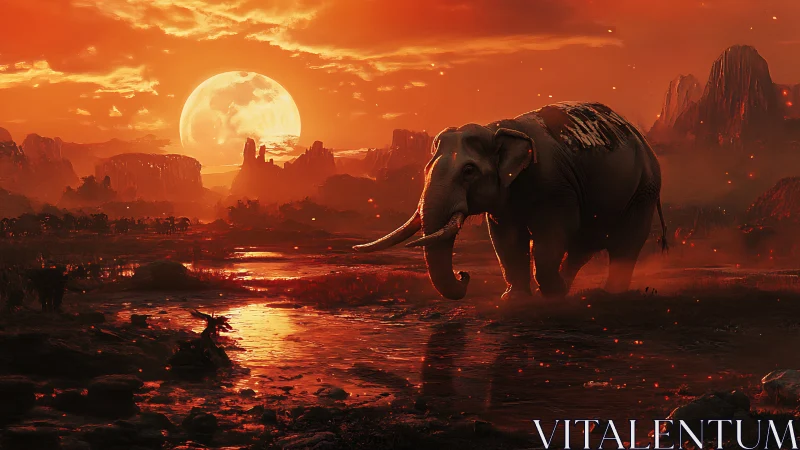 Elephant in red-toned wetland under full moon at dusk.
