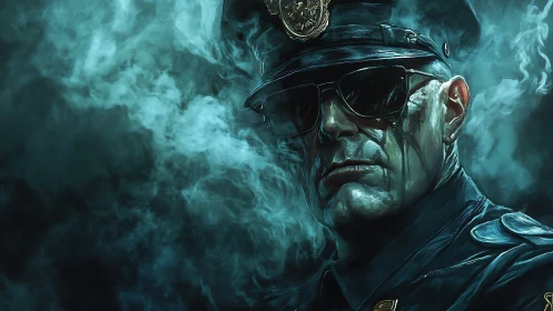 Smoky teal-lit officer portrait with high-contrast digital rendering
