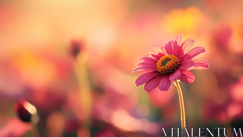Gerbera daisy with pink petals in soft focus garden setting.