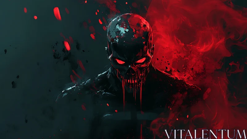 Digital skull figure emerges from red particle and smoke field