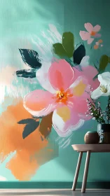 Large-scale floral mural on teal wall with modern styling.