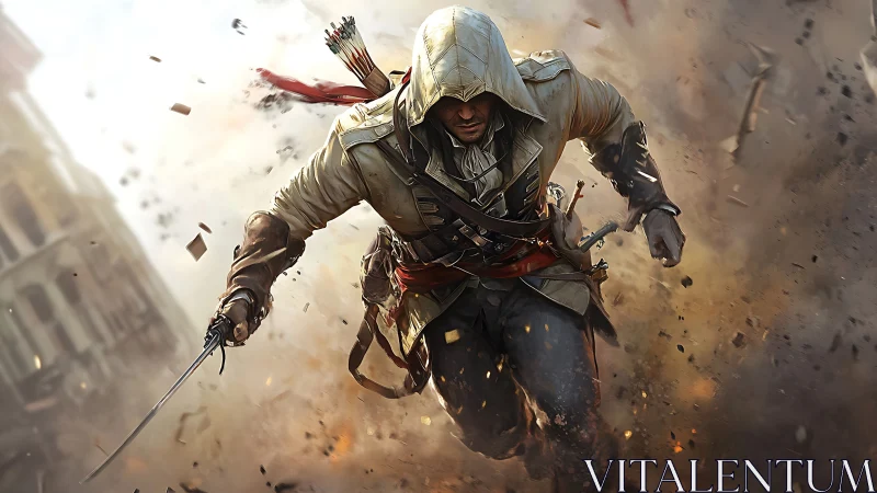 Hooded rogue charges through crumbling battlefield chaos.