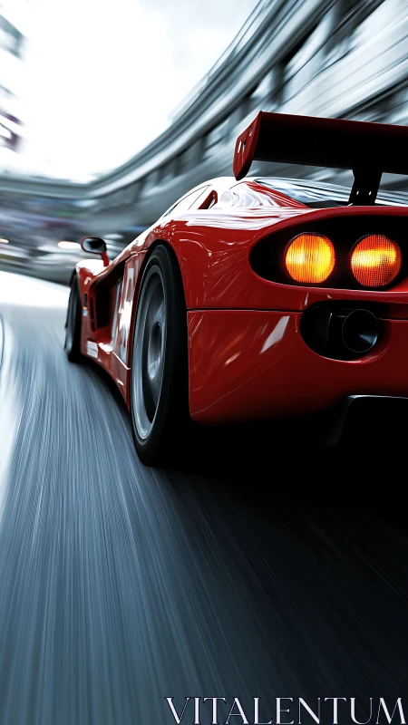 Red race car in dynamic rear three-quarter motion blur shot.
