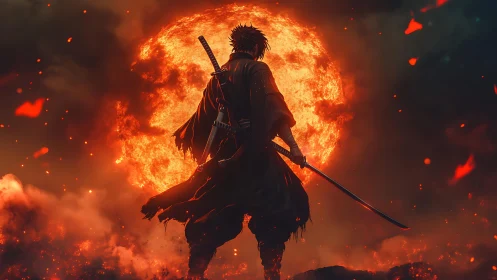 Samurai silhouette stands before a large burning sun sphere