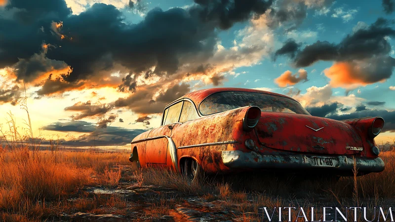 Weathered red classic sedan abandoned in golden prairie dusk