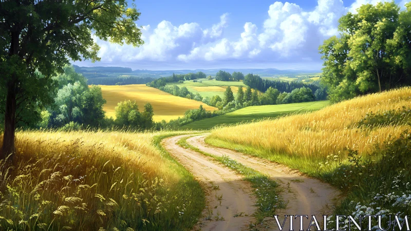 Curving dirt farm track through sunlit wheat fields at midday