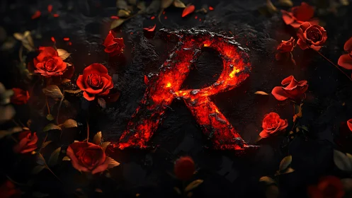 Incandescent Letter R Surrounded by Luminous Red Roses